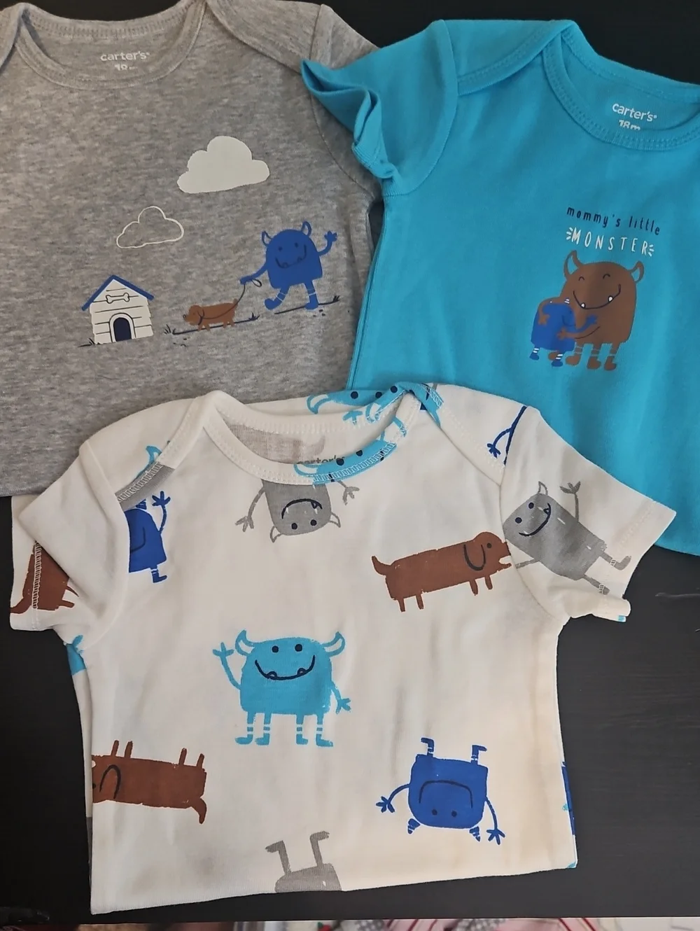 Carter's Blue, Gray & White Monster and Dog Short-Sleeve Bodysuits